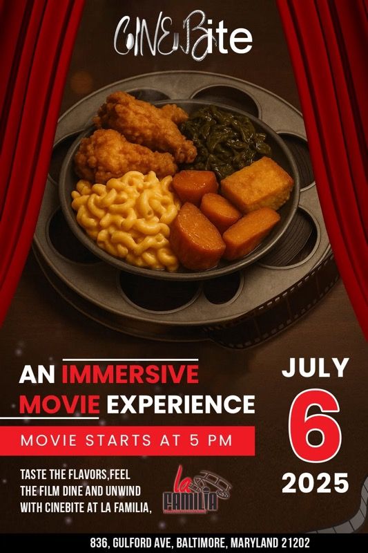 Plate of soul food on film reel graphic promoting CineBite immersive movie and dining experience at La Familia.