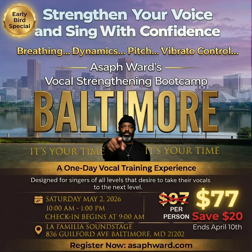 Asaph Ward Vocal Strengthening Bootcamp Baltimore flyer for May 2, 2026 at La Familia Soundstage.