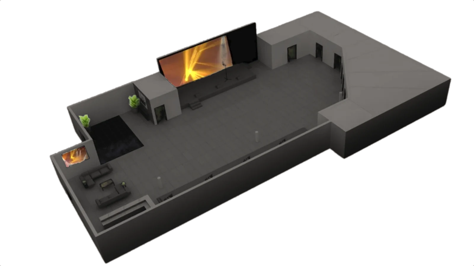 3D floor plan of La Familia Soundstage, looking toward the stage and LED wall