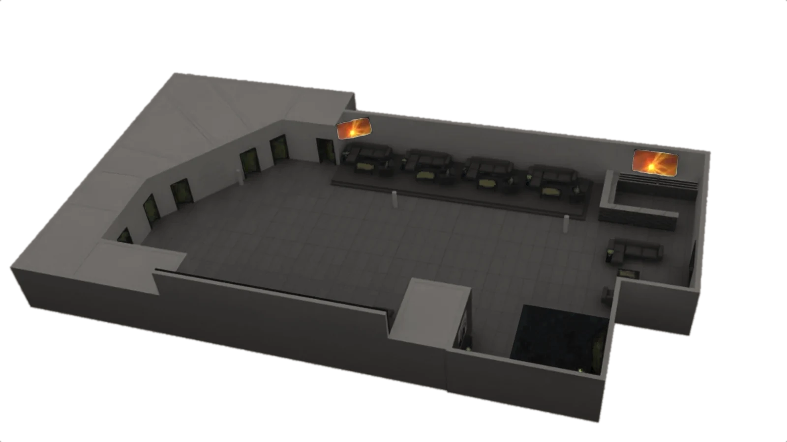 3D floor plan of La Familia Soundstage, looking toward the VIP lounge and bar