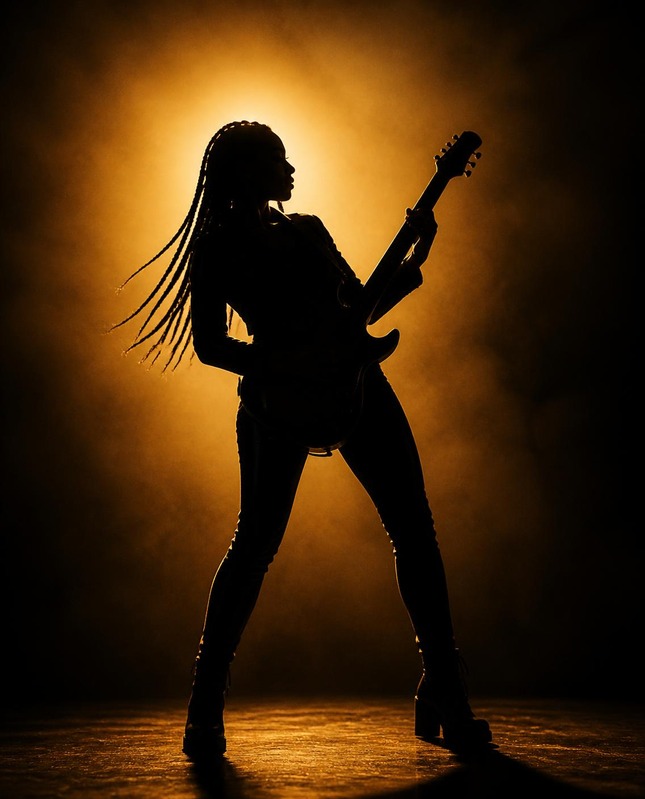 A guitarist silhouetted against warm stage light at La Familia