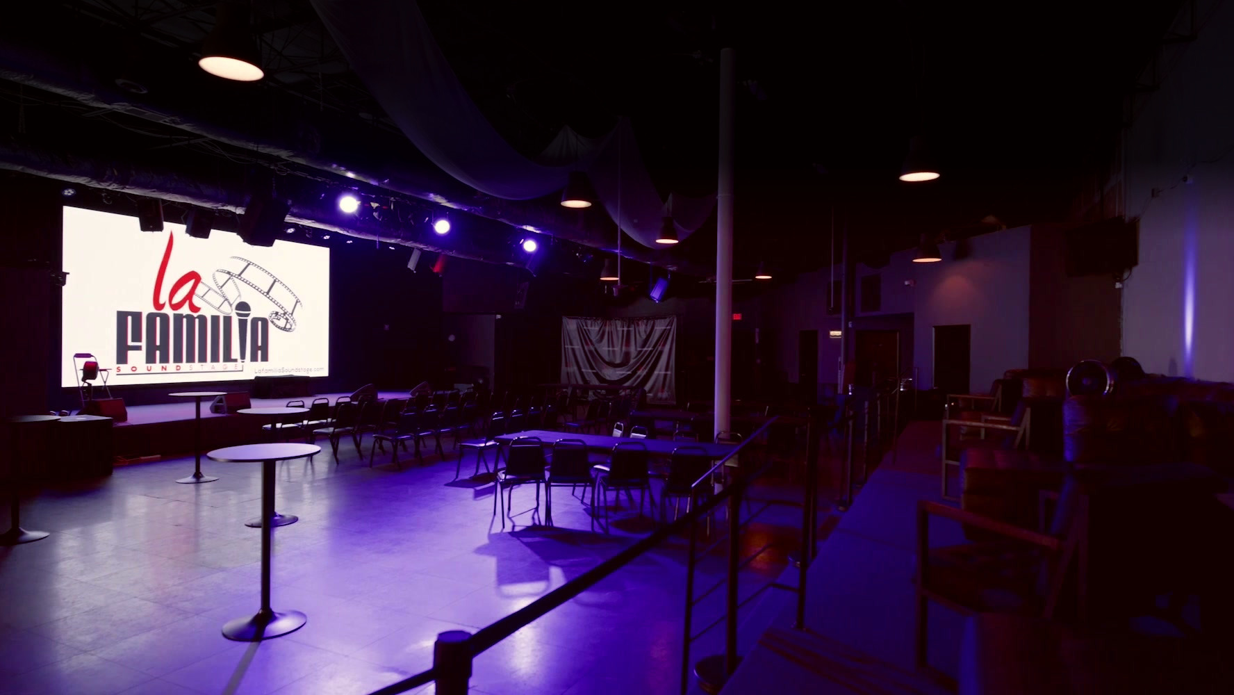 The main room at La Familia Soundstage, lit and set before guests arrive
